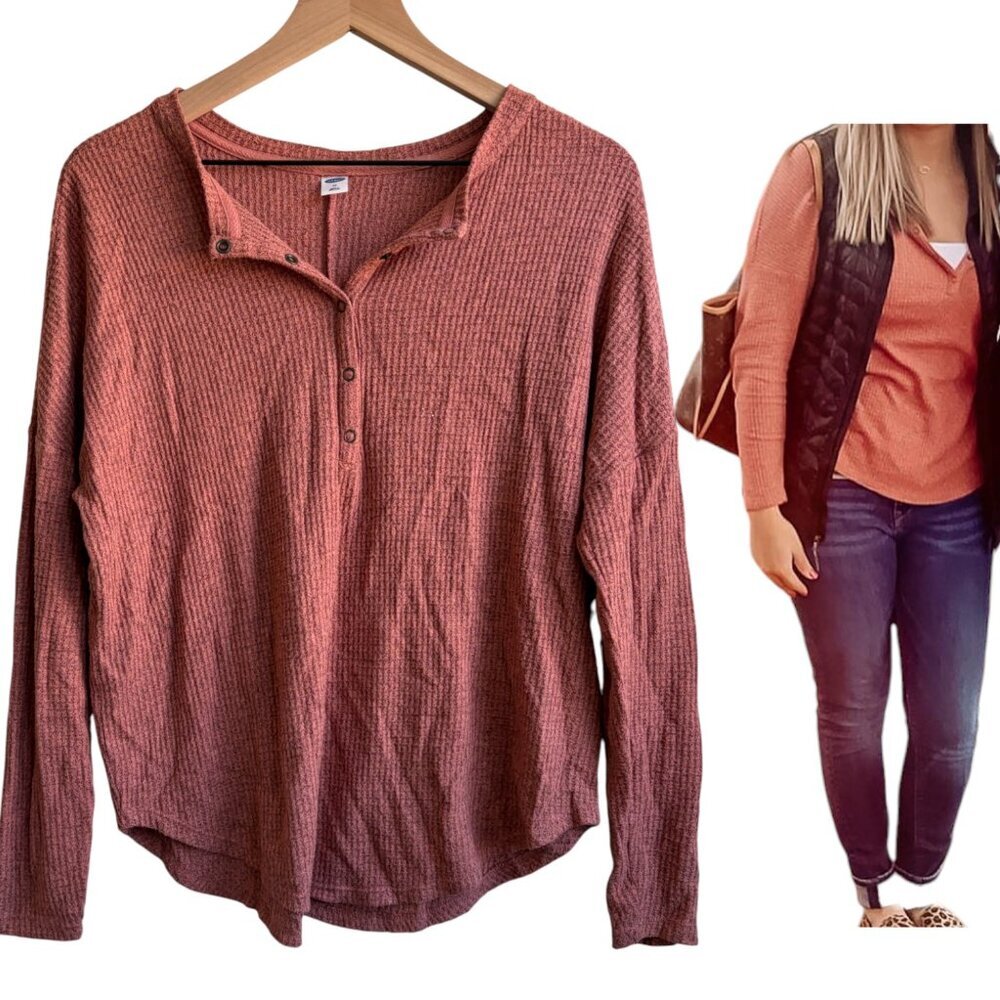 Old Navy Relaxed Cozy Waffle-Knit Henley Tunic Top Oversized